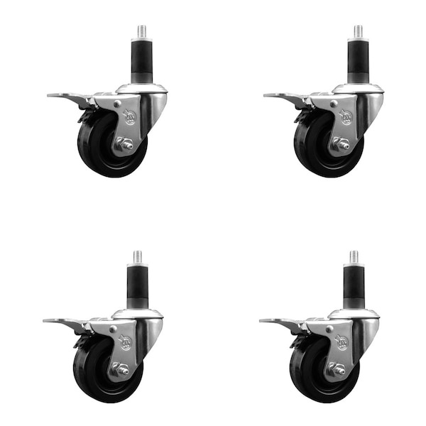3'' Phenolic Swivel 1-1/4'' Expanding Stem Caster Set Total Lock Brake, 4PK
